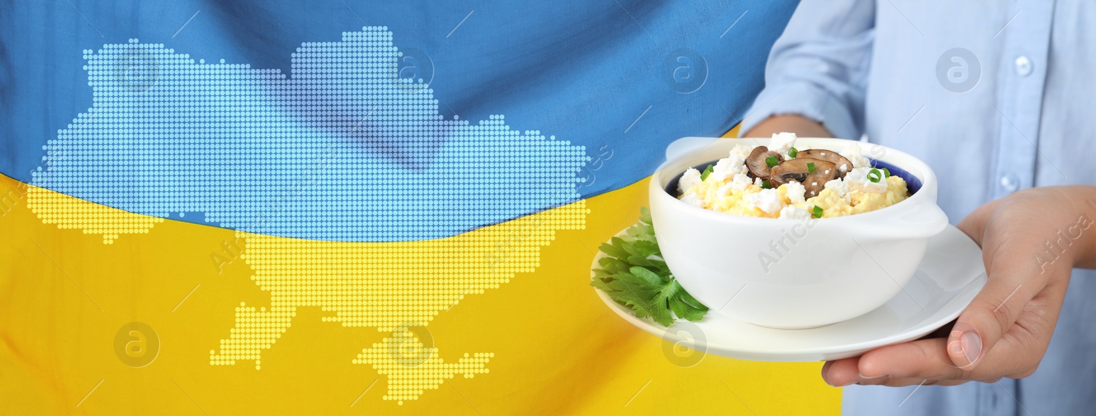 Image of Collage with photos of woman holding bowl of banosh and national flag, banner design. Traditional Ukrainian dish