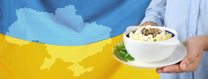 Image of Collage with photos of woman holding bowl of banosh and national flag, banner design. Traditional Ukrainian dish