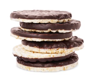 Photo of Stack of puffed rice cakes with chocolate spread isolated on white