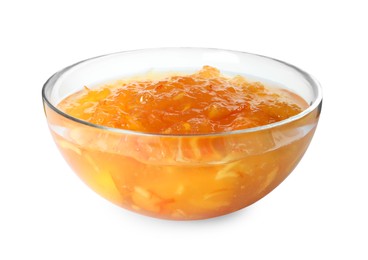 Photo of Delicious kumquat jam in bowl on white background