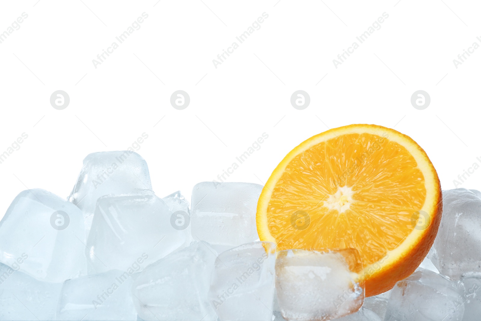 Photo of Ice cubes and orange on white background