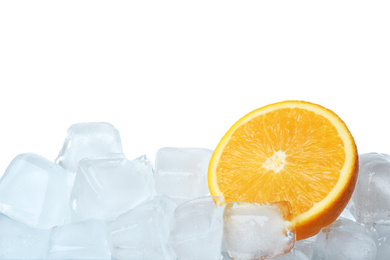 Photo of Ice cubes and orange on white background