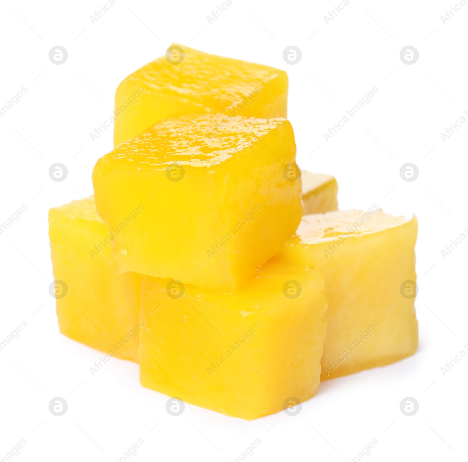 Photo of Fresh juicy mango cubes on white background