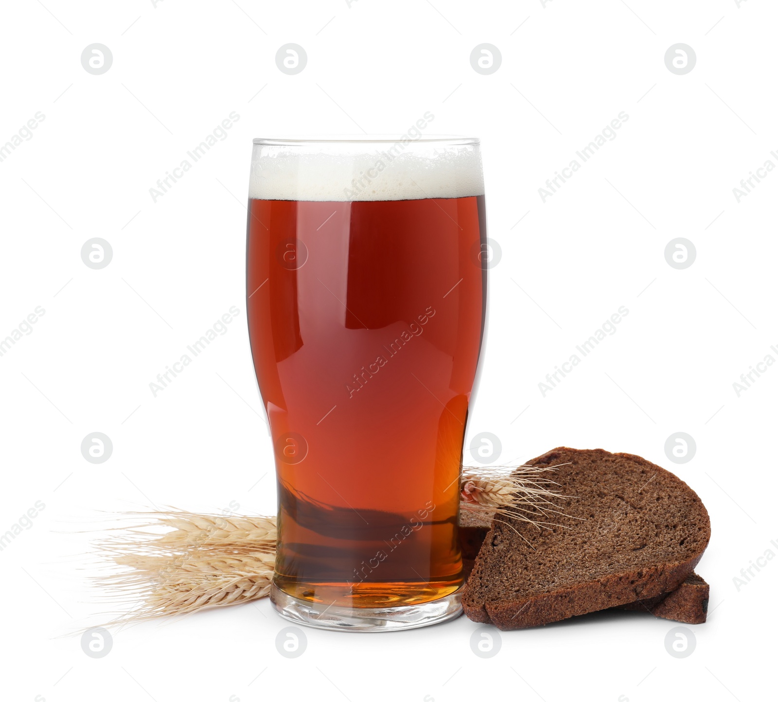 Photo of Delicious kvass, bread and spikes on white background