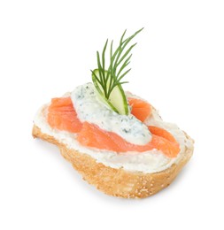 Photo of Tasty canape with salmon, cucumber, cream cheese and dill isolated on white