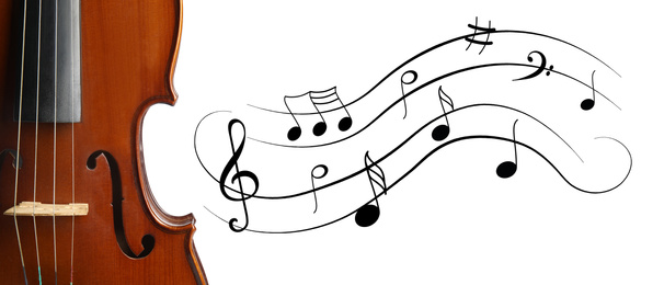 Classic violin and music notes on white background. Banner design