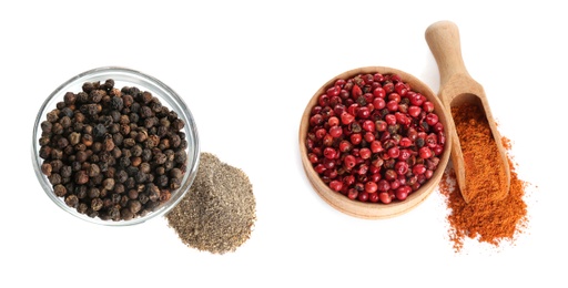 Image of Bowls with red and black peppercorns on white background. Banner design 