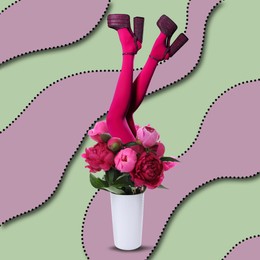 Creative art collage about femininity, style and fashion. Woman sticking out of vase with beautiful peonies on bright background