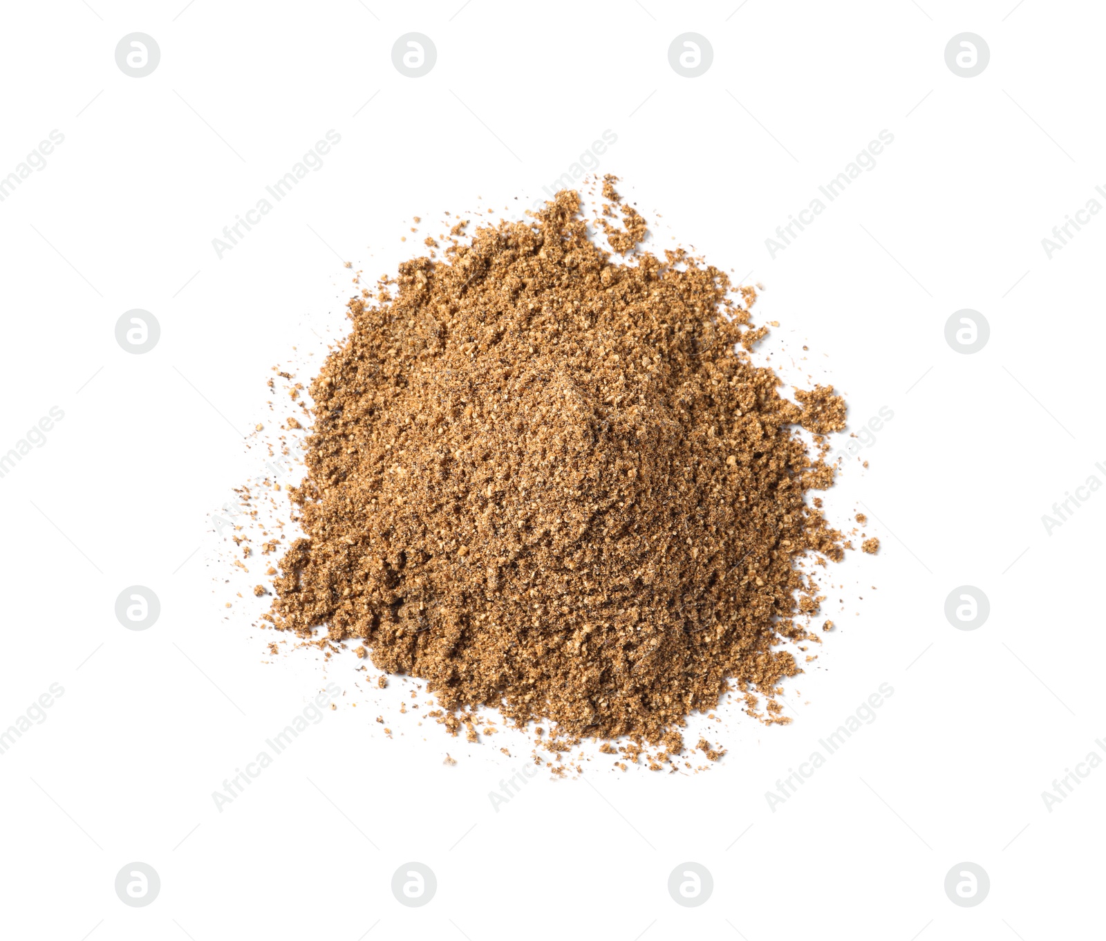 Photo of Heap of aromatic caraway (Persian cumin) powder isolated on white, top view