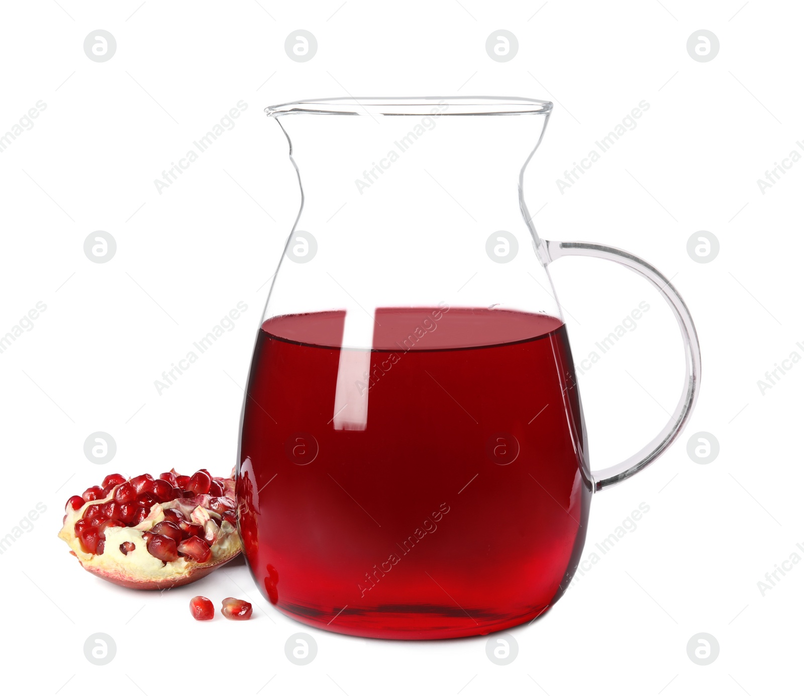 Photo of Freshly made pomegranate juice in jug on white background