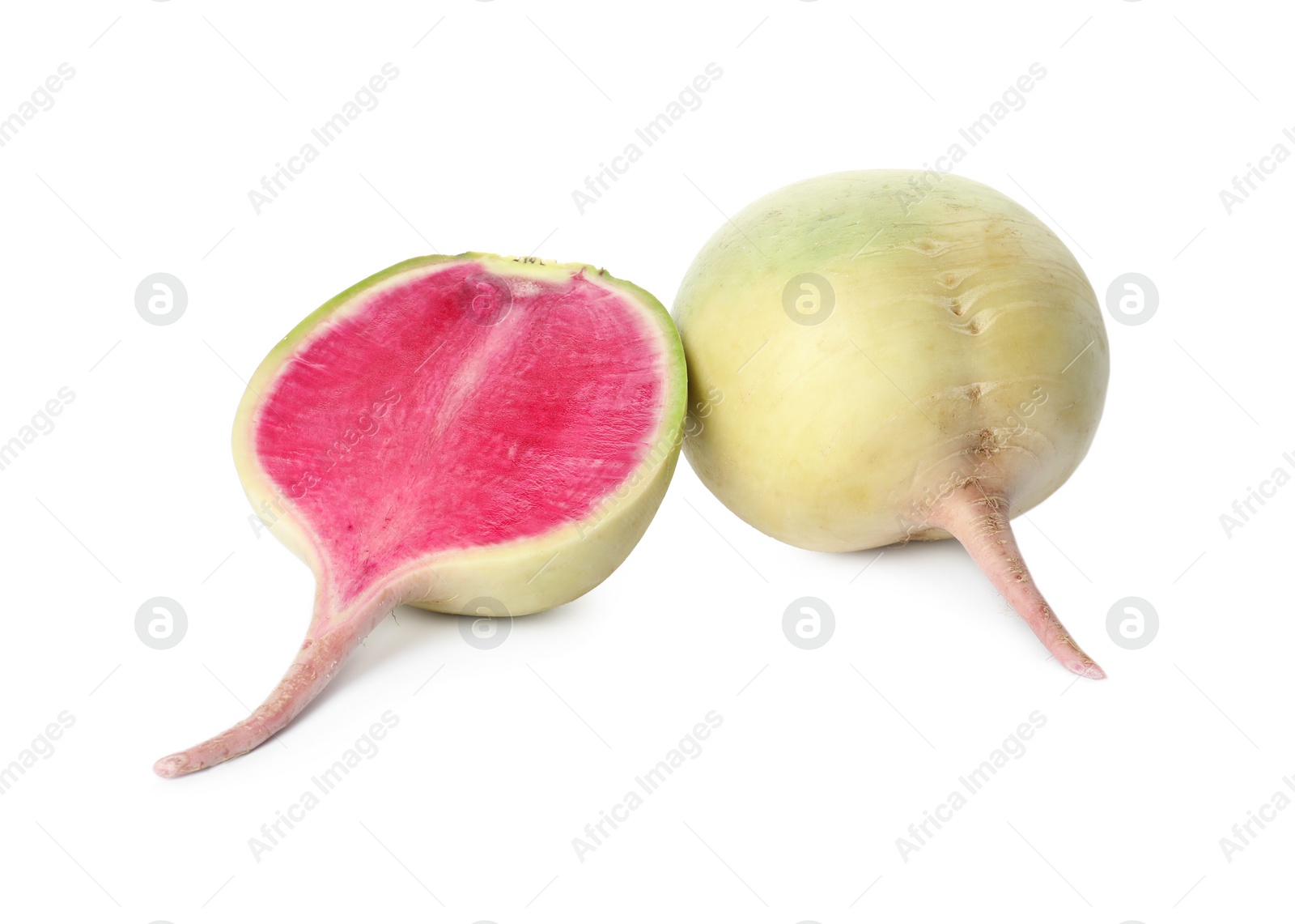 Photo of Cut and whole fresh ripe turnips on white background