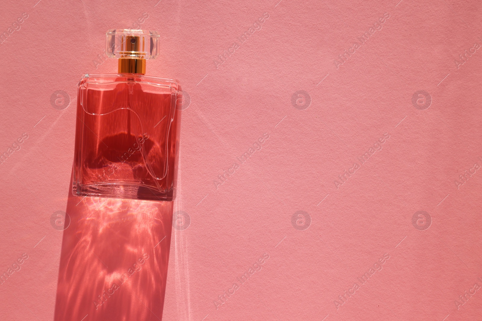 Photo of Luxury women's perfume. Sunlit glass bottle on pink background, top view. Space for text