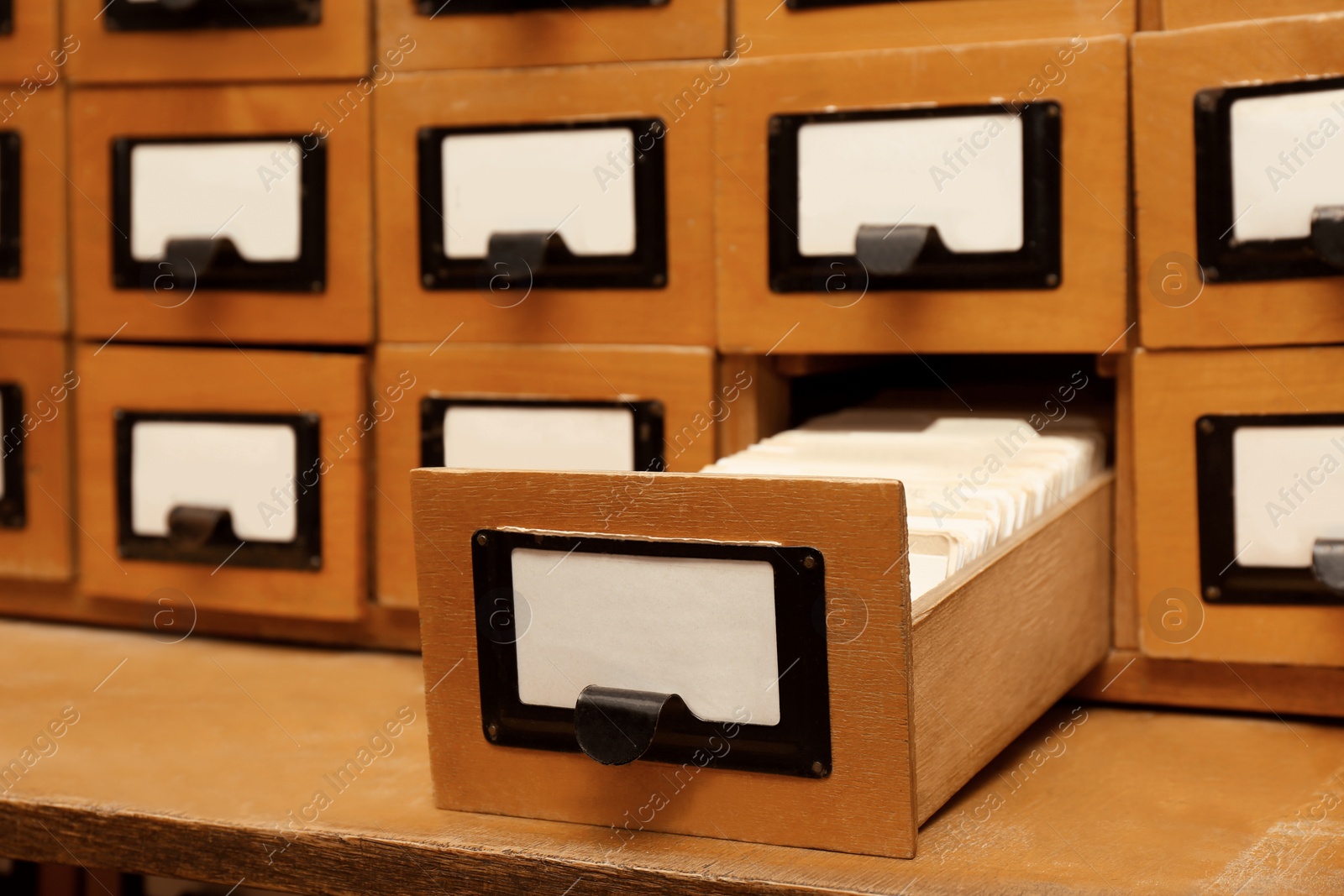 Image of Closeup view of library card catalog drawers