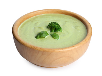 Photo of Delicious broccoli cream soup isolated on white