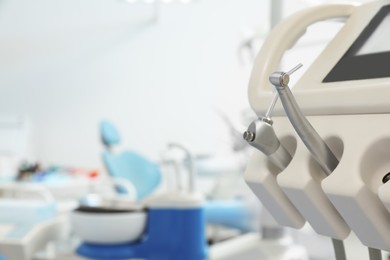 Professional equipment in dentist's office, space for text