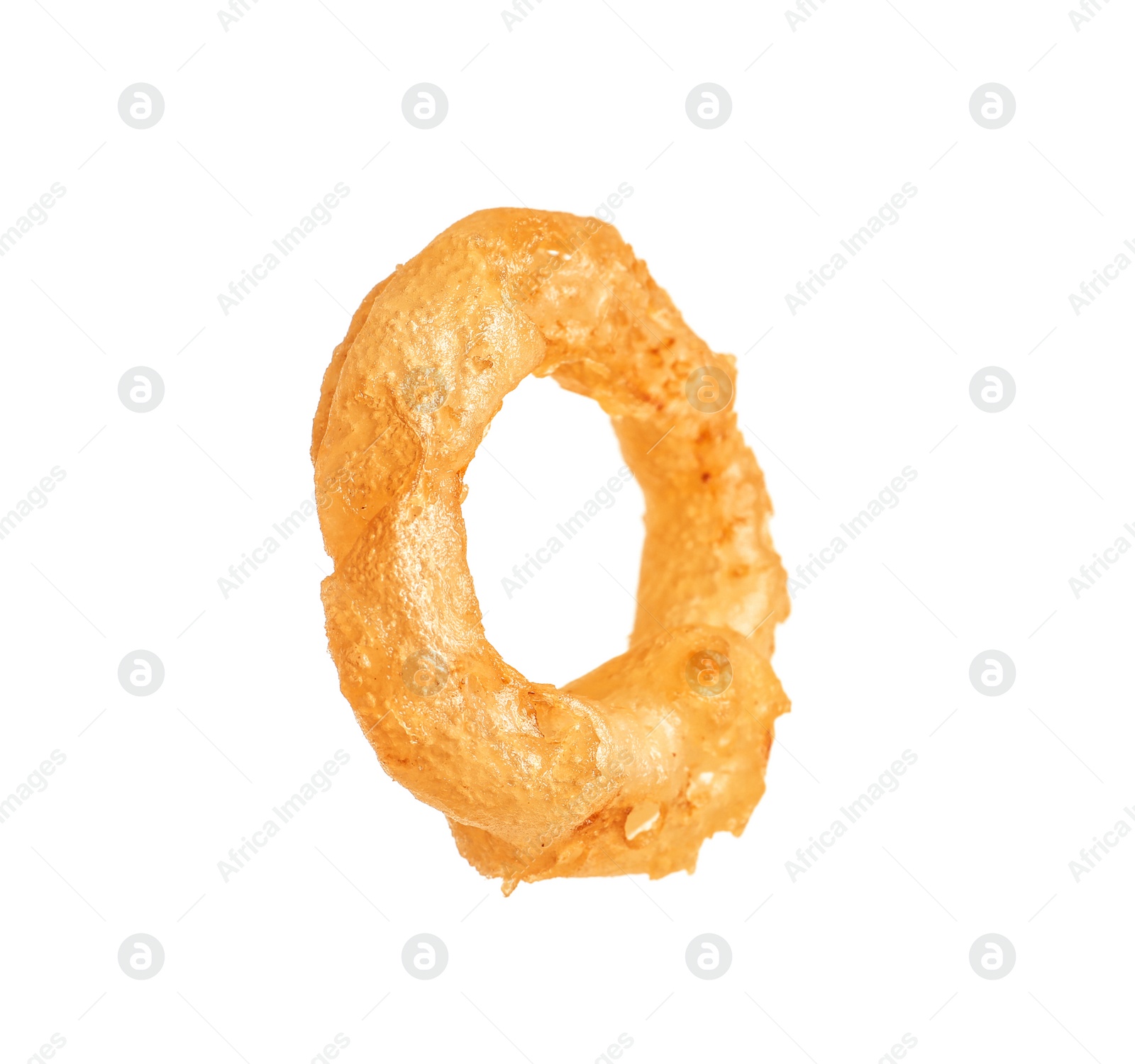 Photo of Delicious golden breaded and deep fried crispy onion ring on white background