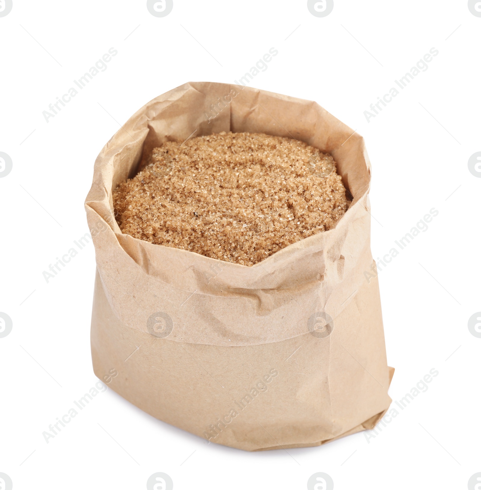 Photo of Brown salt in paper bag isolated on white