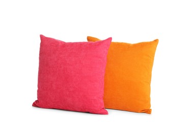 Different colorful decorative pillows on white background