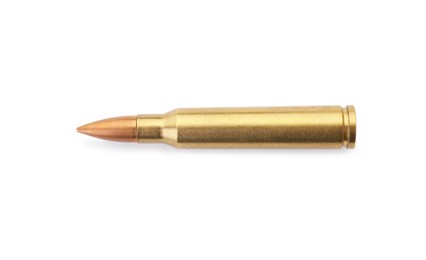 Photo of One bullet isolated on white, top view. Military ammunition