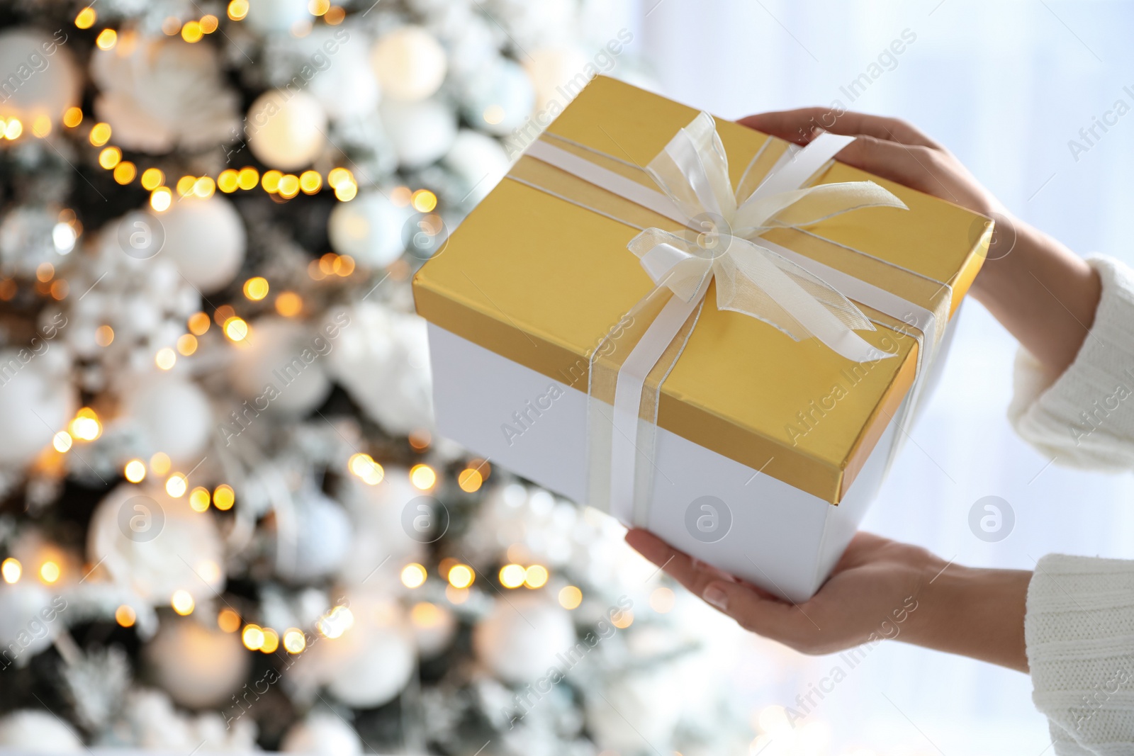 Photo of Woman holding gift box near Christmas tree. Festive interior