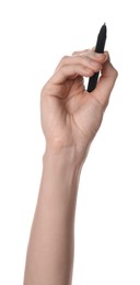 Photo of Woman holding pen on white background, closeup of hand