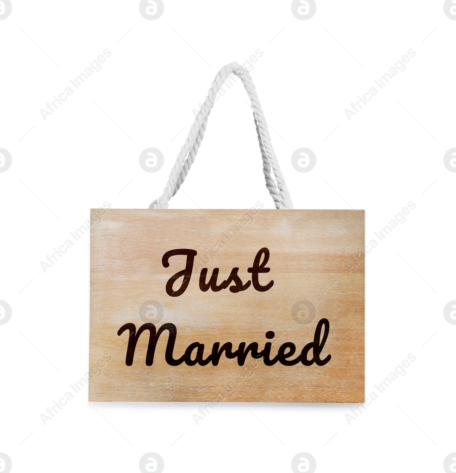 Image of Honeymoon. Wooden board with words Just Married on white background