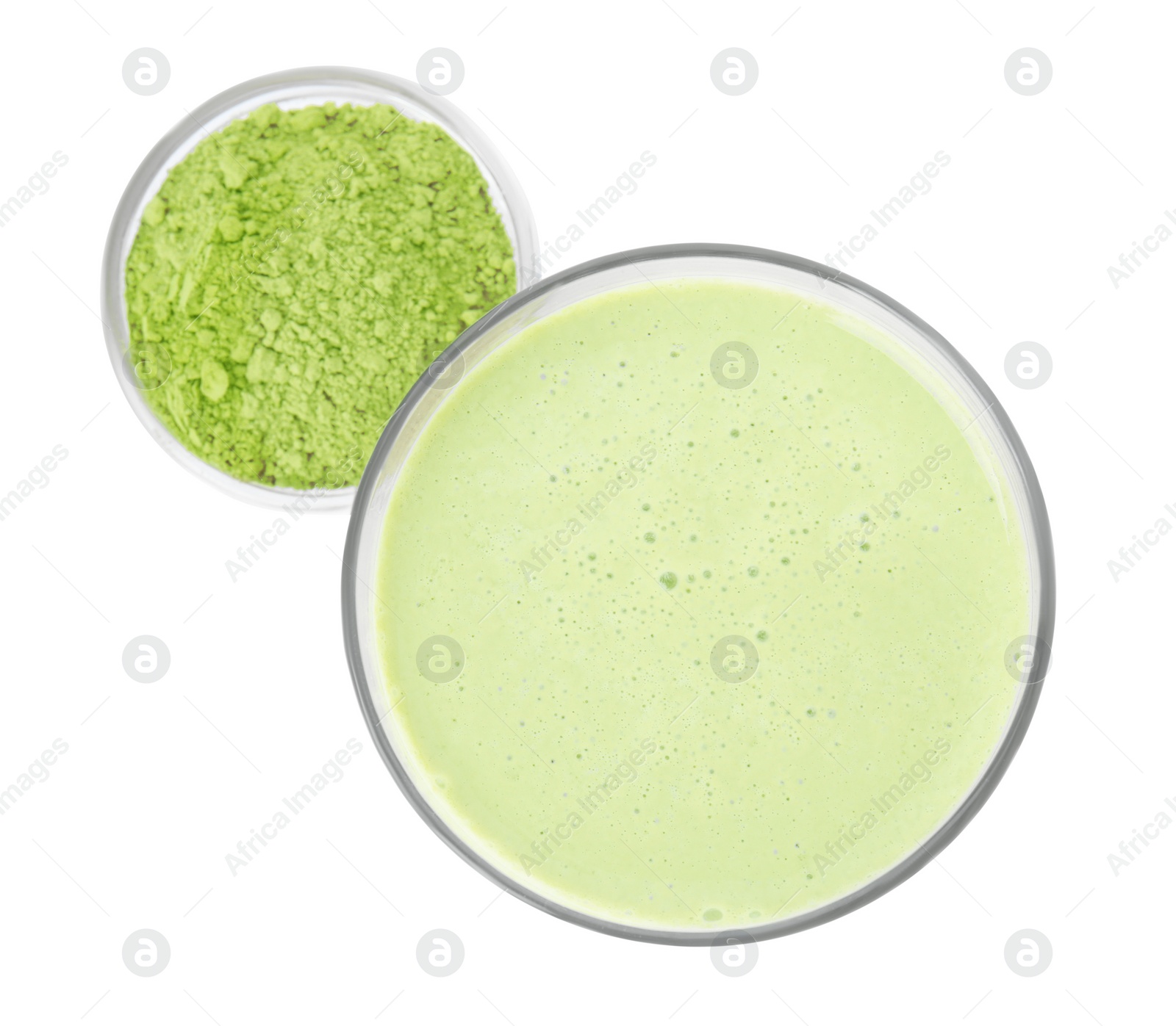 Photo of Glass of tasty matcha smoothie and powder isolated on white, top view