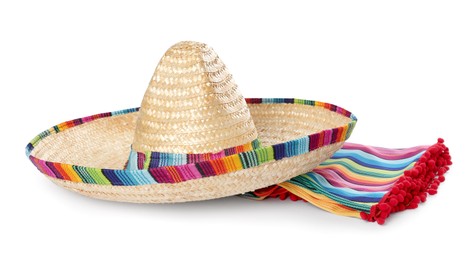 Mexican sombrero hat and colorful poncho isolated on white