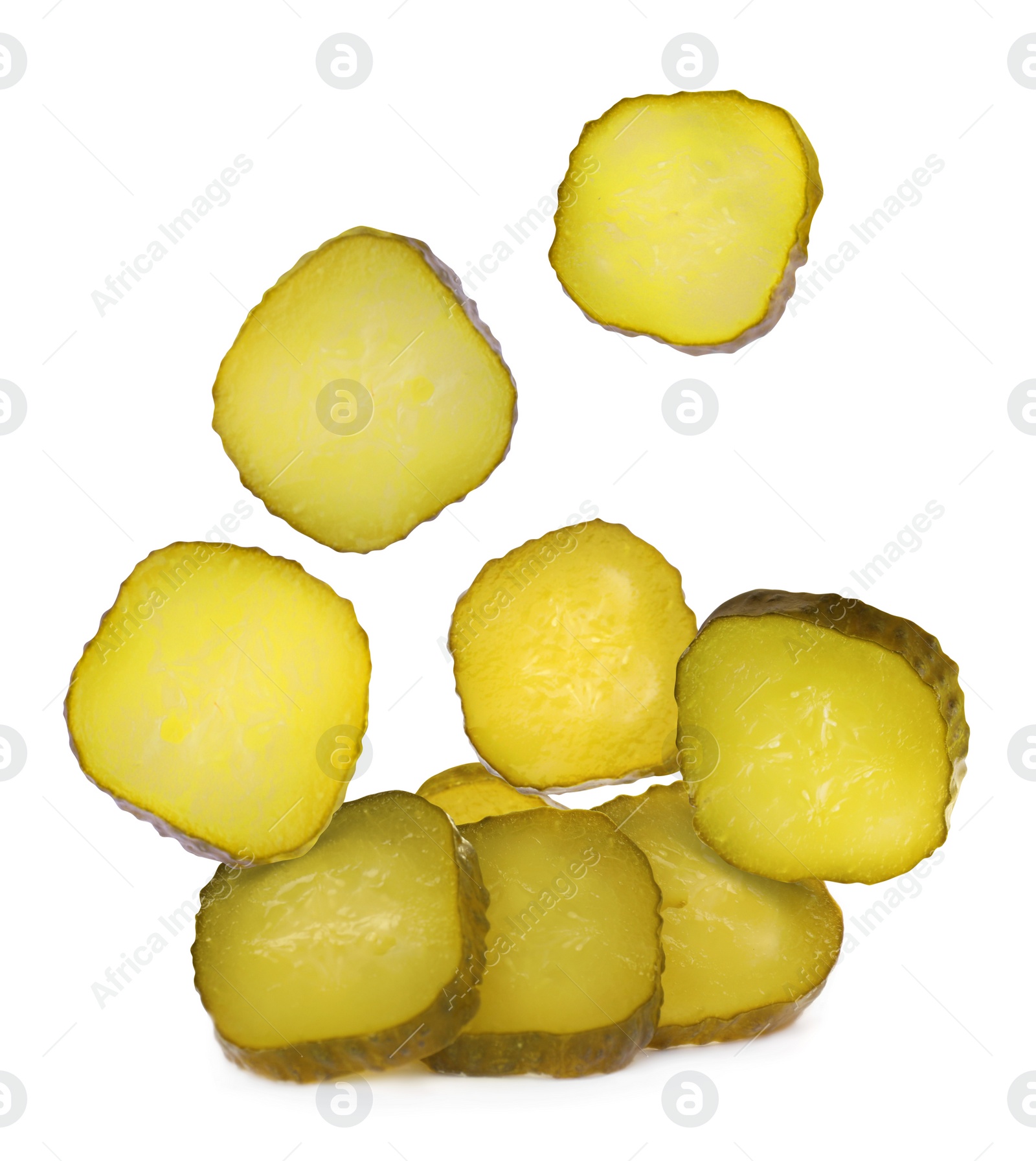 Image of Slices of tasty pickled cucumbers on white background