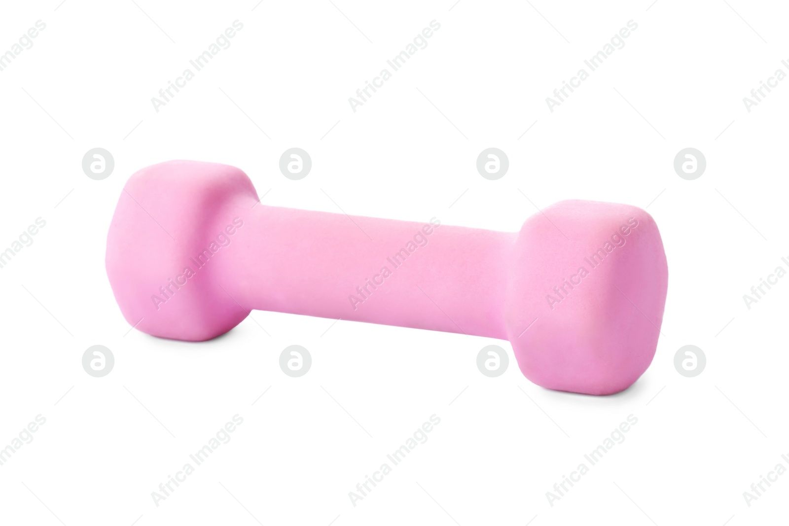 Photo of Pink dumbbell isolated on white. Weight training equipment