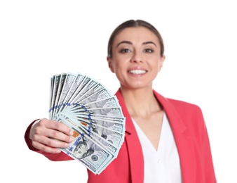 Photo of Portrait of young woman holding money banknotes on white background