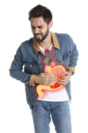 Image of Man suffering from heartburn on white background. Stomach with fire and smoke symbolizing acid indigestion, illustration