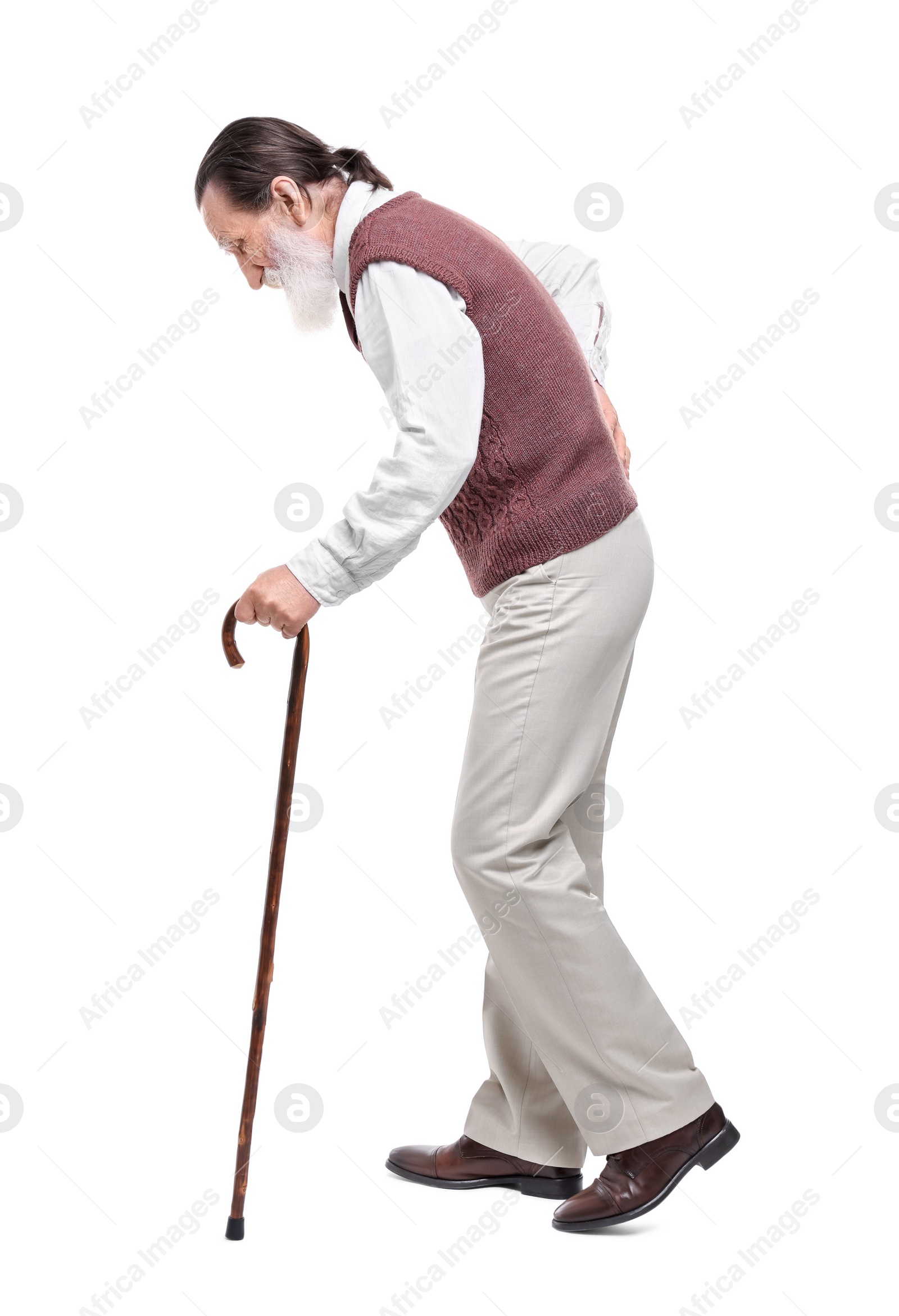 Photo of Senior man with walking cane on white background