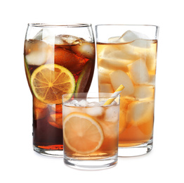 Image of Set of refreshing nonalcoholic drinks on white background