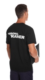 Personal trainer on white background, back view. Gym instructor
