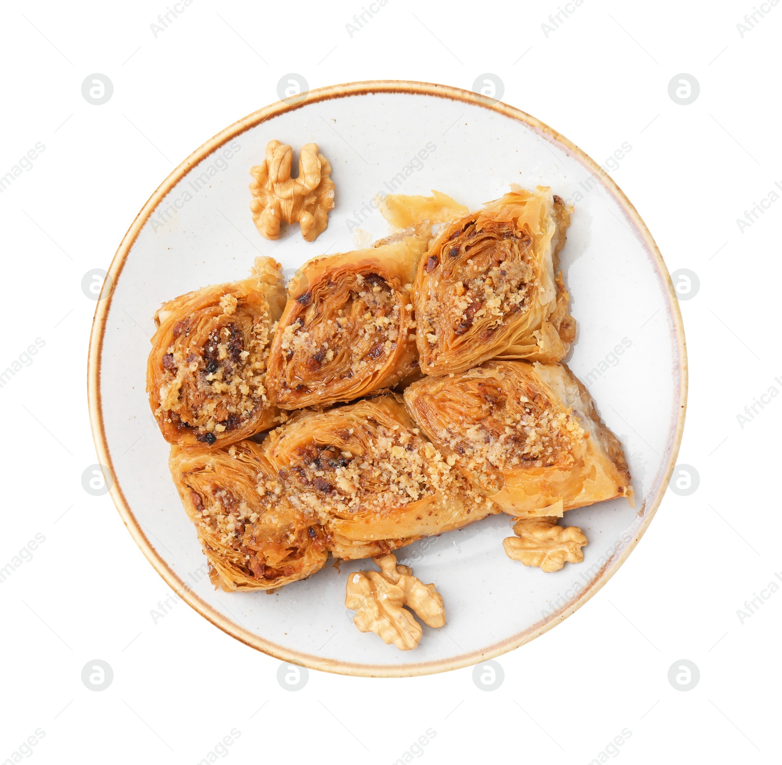 Photo of Eastern sweets. Pieces of tasty baklava isolated on white, top view