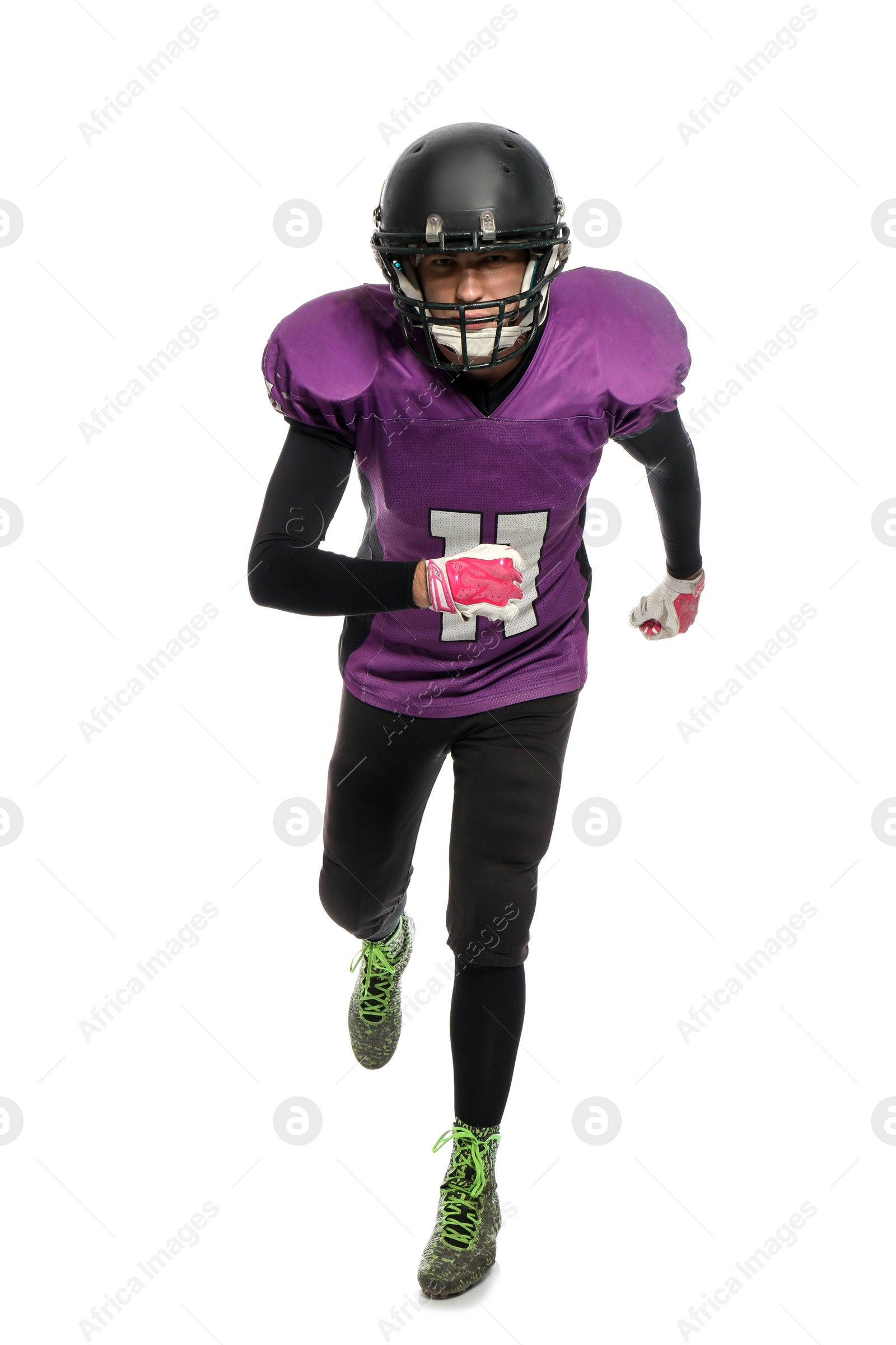 Photo of American football player wearing uniform on white background