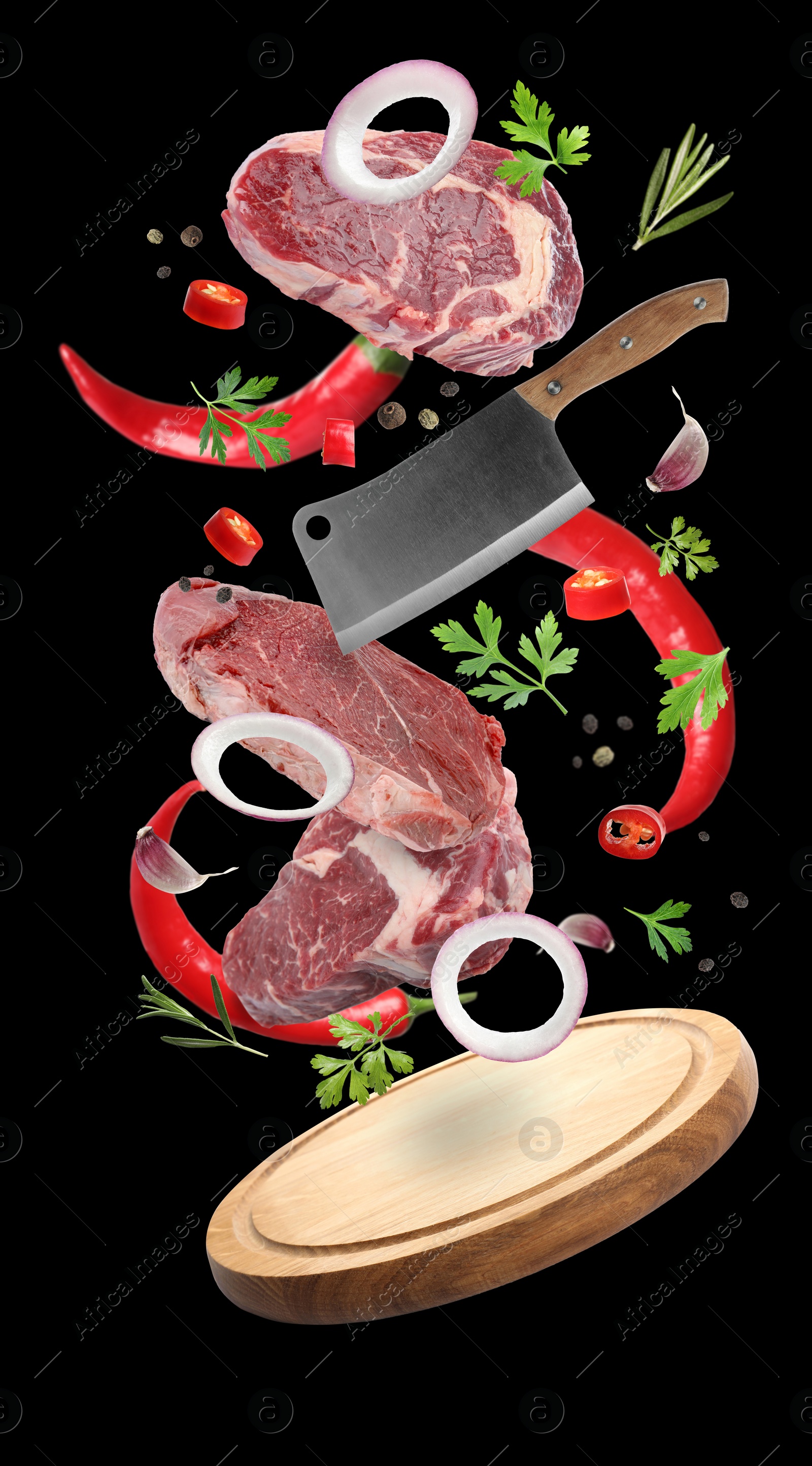 Image of Beef meat, different spices, cleaver knife and board falling on black background