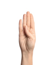 Woman showing B letter on white background, closeup. Sign language