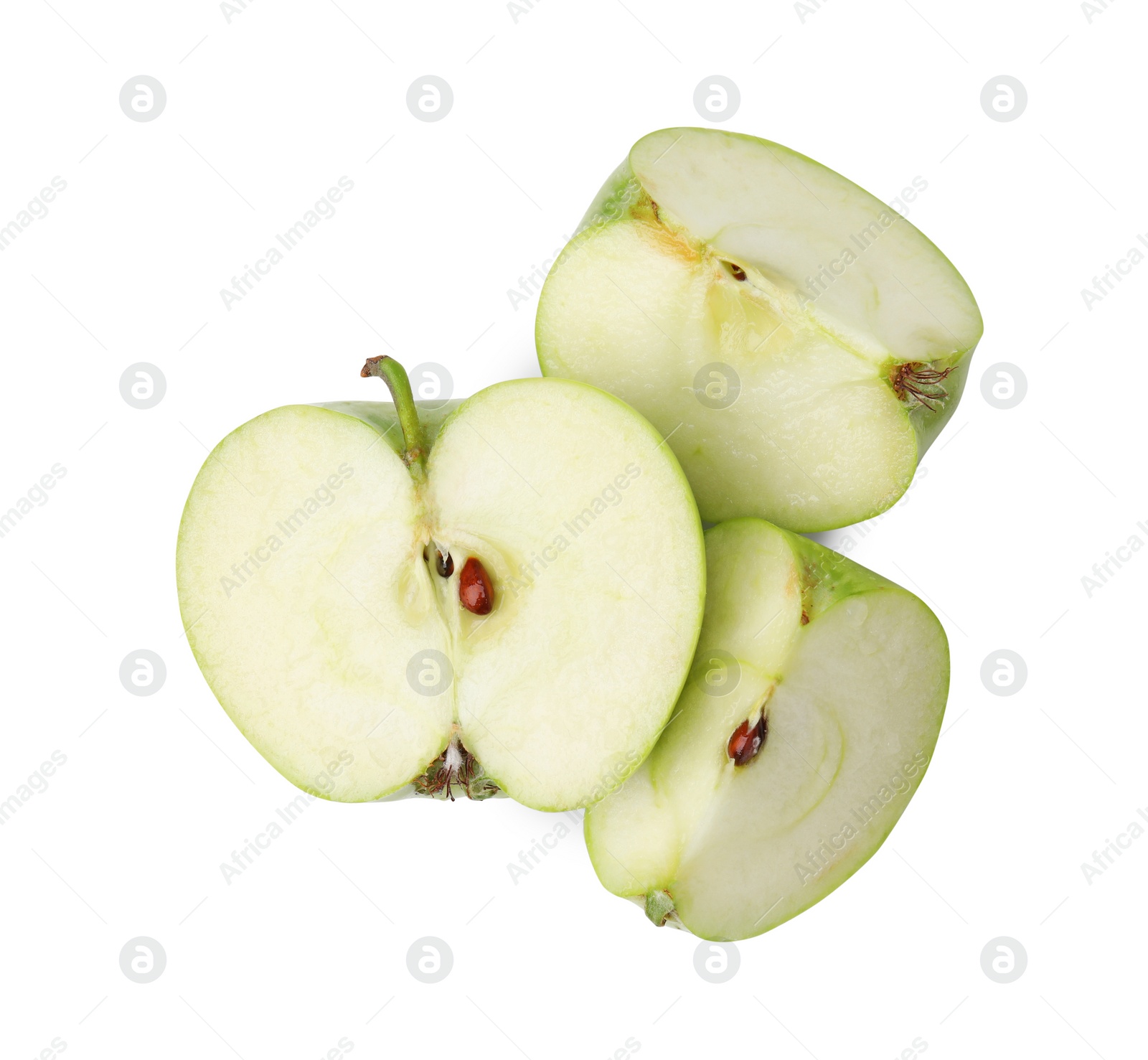 Photo of Pieces of ripe green apple isolated on white, top view