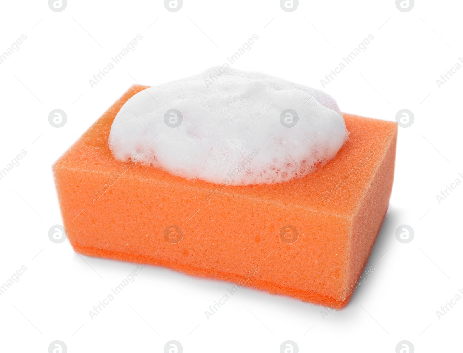 Photo of Cleaning sponge with foam for dish washing on white background