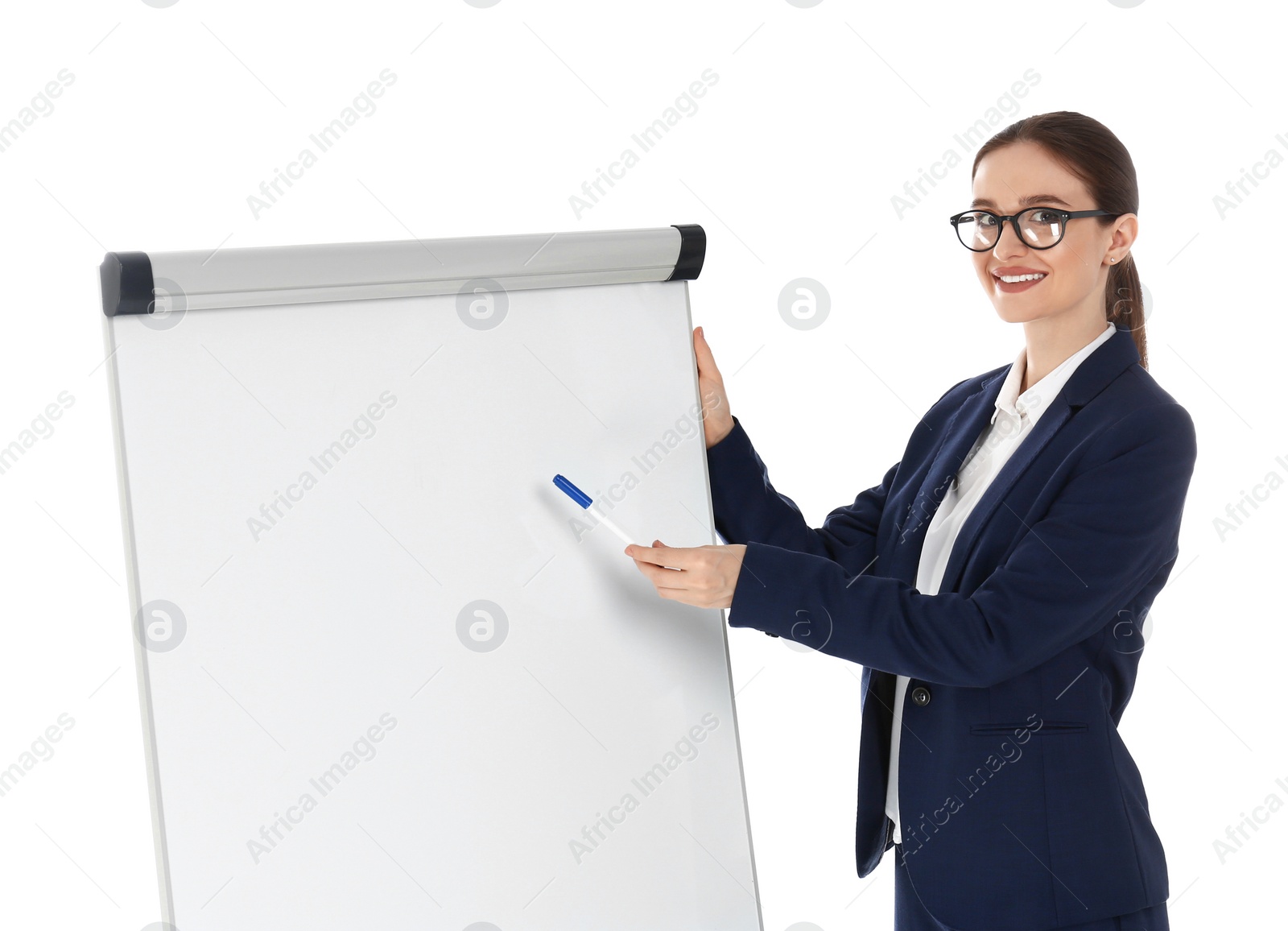 Photo of Professional business trainer near flip chart board on white background. Space for text