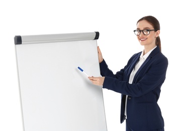 Professional business trainer near flip chart board on white background. Space for text