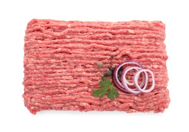 Raw ground meat, onion, peppercorns and parsley isolated on white, top view