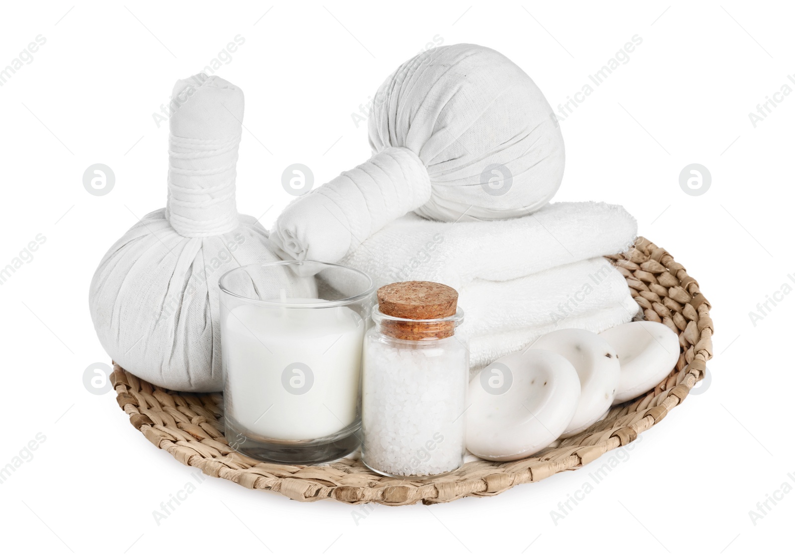 Photo of Beautiful composition with different spa products on white background