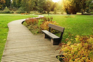 Photo of Wooden bench near pathway in beautiful public city park on autumn day