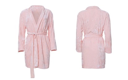 Image of Collage with light pink velour bathrobe on white background, front and back views