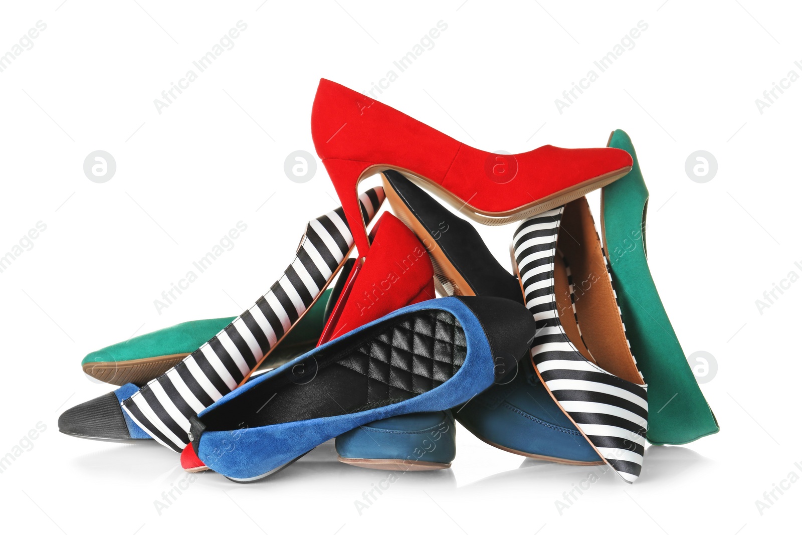 Photo of Many different female shoes on white background