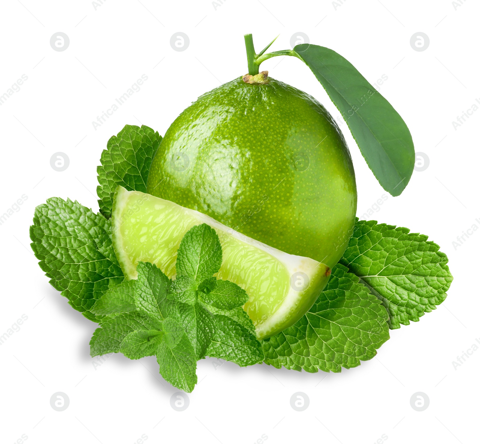 Image of Fresh ripe limes and green mint leaves isolated on white