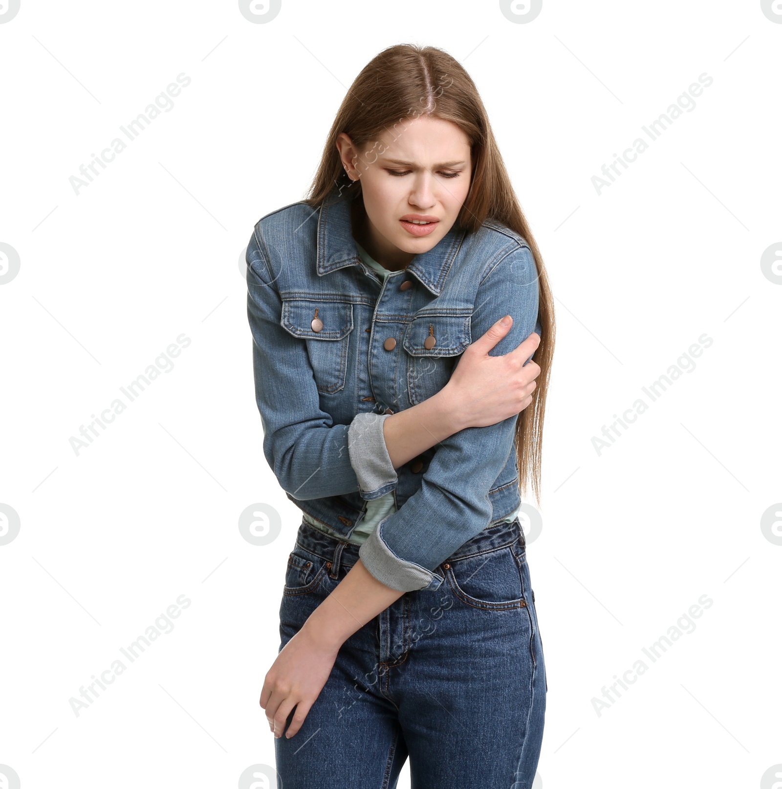 Photo of Young woman having heart attack on white background